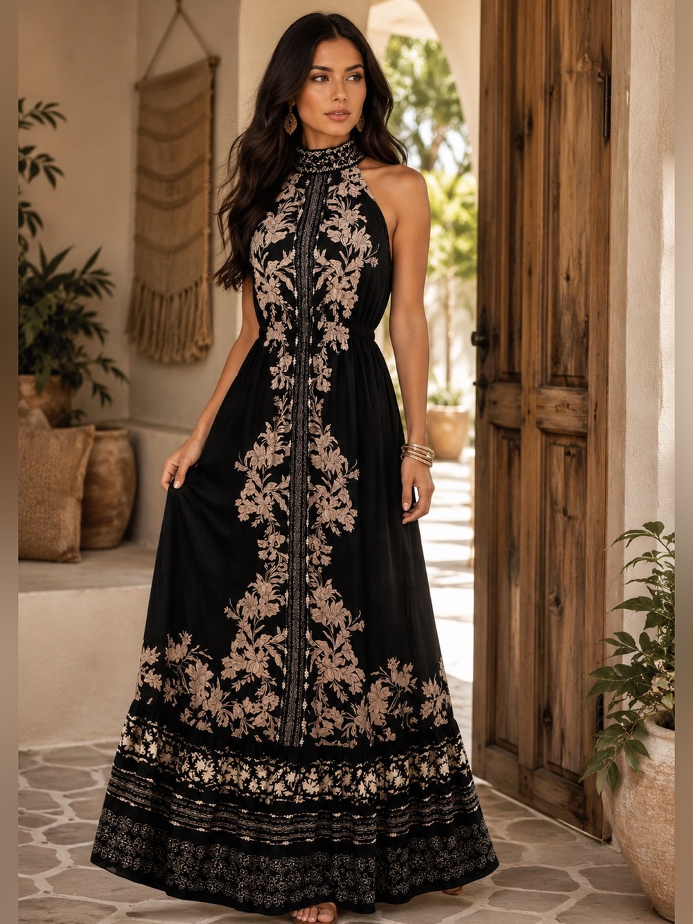 VENUS Floral Halter Maxi Dress Black Tan Boho Resort Vacation Beach Size 2